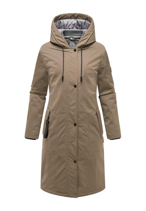 Beige long coat with a hood, featuring snap buttons, two side pockets, and zipper pocket. Interior quilted lining in grey.
