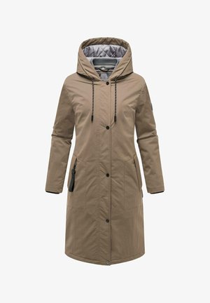 Beidzīgs garš beisika mētelis ar kapuci, ar spiedpogu aizdari, divām sānu kabatām un rāvējslēdzēja kabatu. Iekšējā pelēka pīrādziņa oderes.