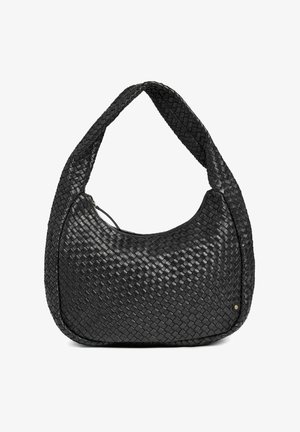 Zwarte geweven leren handtas met een slouchy hobo-vorm. Bevat een brede schouderriem en subtiele gouden accenten. Textuur op het hele oppervlak.