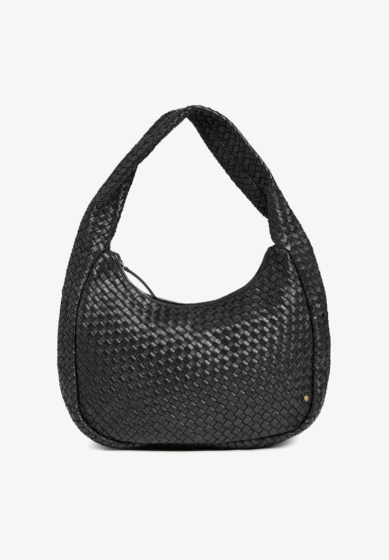 Fekete szőtt bőr kézitáska laza hobo formával. Vastag vállpánttal és diszkrét arany kiegészítővel rendelkezik. Az egész felület texturált.
