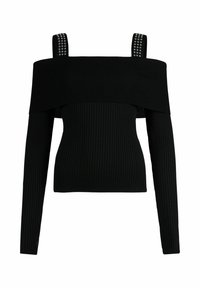 Črna rebrasta majica brez ramen z dolgimi rokavi, okrašena z naglavnimi trakovi in oprijetim krojem. Povsod teksturirana tkanina.