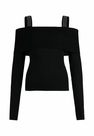 Črna rebrasta majica brez ramen z dolgimi rokavi, okrašena z naglavnimi trakovi in oprijetim krojem. Povsod teksturirana tkanina.