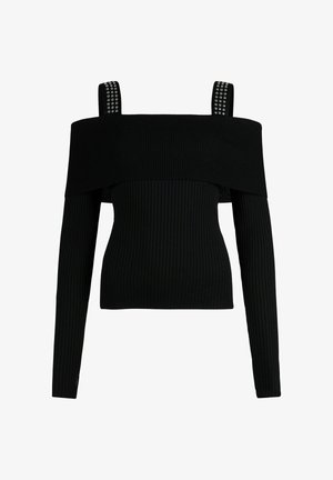 Schwarzes, schulterfreies, geripptes Oberteil mit langen Ärmeln, verziert mit bestickten Schulterriemen und figurbetontem Schnitt. Ganz aus strukturiertem Stoff.