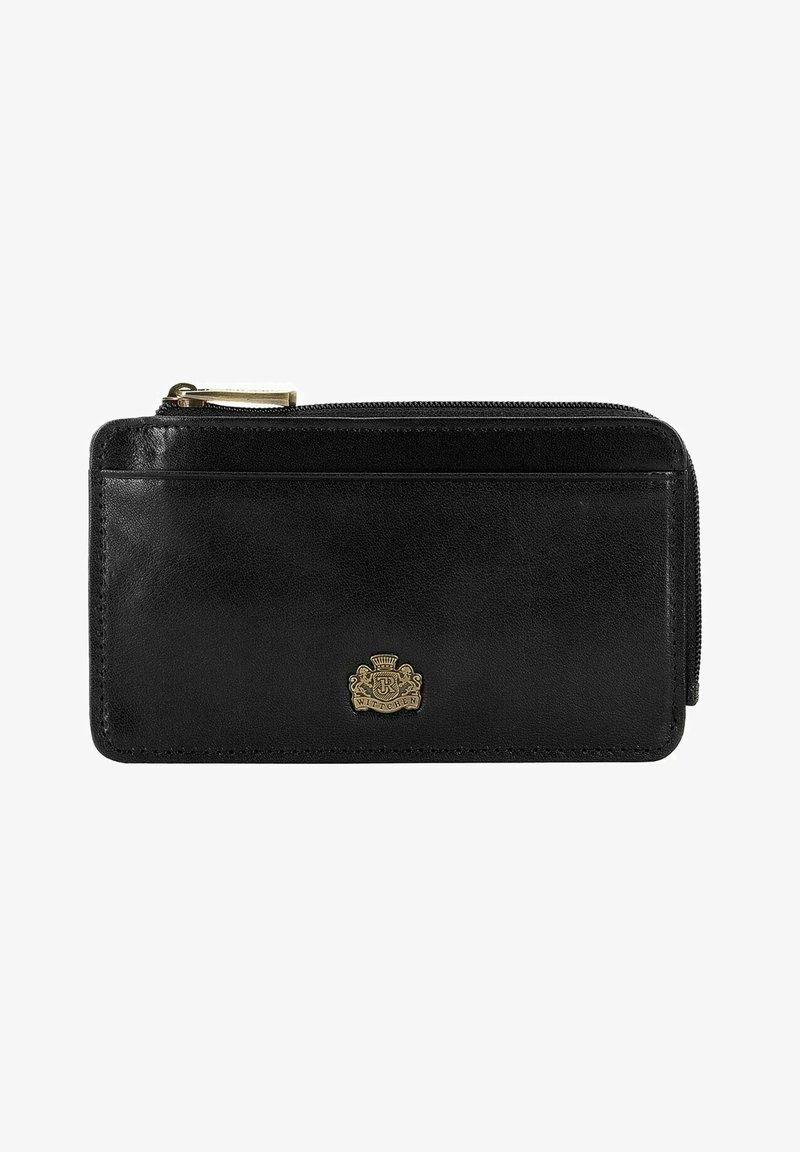 Portefeuille en cuir noir avec une texture lisse, fermeture zippée et un détail logo en ton doré. Forme rectangulaire avec des accents de couture subtils.