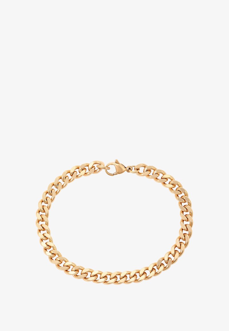 Guldfarvet metal kædearmbånd med sammenflettede led, der har en sikker lukning med en lobster clasp. Glat, poleret overflade.