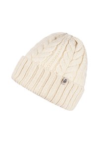 White knitted beanie hat featuring a cable-knit pattern and a ribbed cuff, made from soft wool material. Small logo tag on the side.