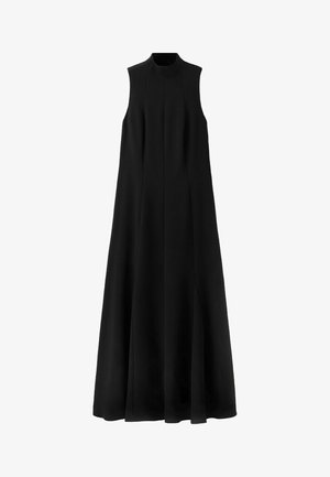 Czarna, bezrękawnikowa sukienka maxi w kształcie litery A z wysokim dekoltem i gładkimi, zwiewnymi panelami materiału.