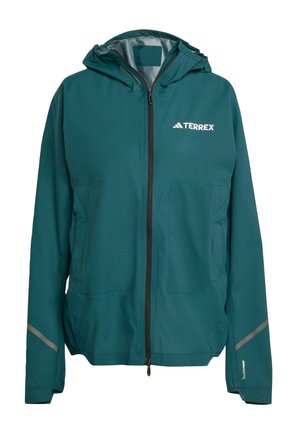 Teal waterproof jacket with a hood, two front pockets, black zipper, reflective accents on sleeves, and a logo on the chest.