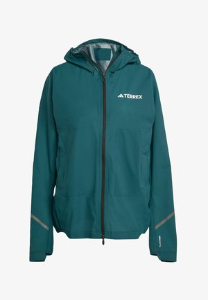 Tealfärgad vattentät jacka med huva, två framfickor, svart dragkedja, reflekterande detaljer på ärmarna och en logotyp på bröstet.