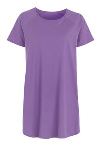 Lilla kortærmet t-shirt kjole lavet af blødt stof med en afslappet pasform og rund halsudskæring, med en glat tekstur og uden mønstre.