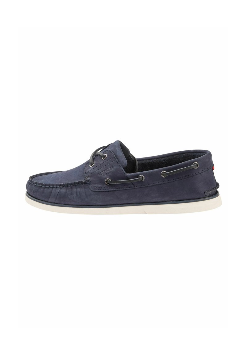 Marineblaue Lederbootschuhe mit weißer Gummisohle. Verfügt über Nähte und Metallösen, Slip-On-Design und gepolstertes Innenfutter für zusätzlichen Komfort.