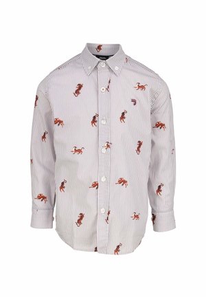 Chemise à manches longues avec boutons, ornée de fines rayures verticales grises et de petits motifs de tigres orange répartis uniformément sur le tissu.