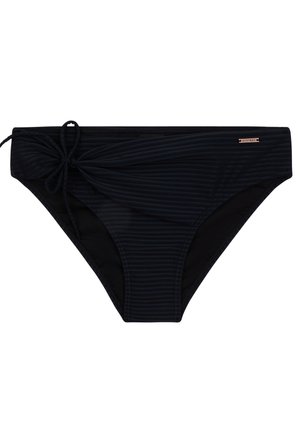 Crni teksturirani bikini donji dio s naboranim detaljem sa strane i vezanom mašnom na lijevom boku, s malom metalnom oznakom marke na desnoj strani.