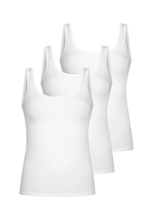 Four plain white sleeveless tank tops arranged in two rows on a white background.