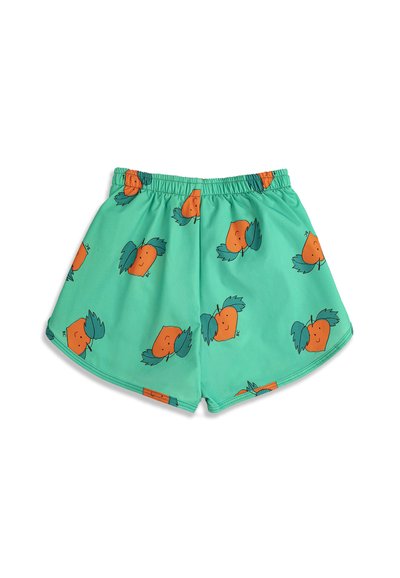 Shorts turquoise avec taille élastique, décorés d'un motif répétitif de fruits orange souriants avec des feuilles vertes.