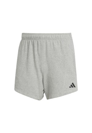 Gray athletic shorts with an elastic waistband. Features a black Adidas logo on the lower left side. Made from a soft, lightweight fabric.