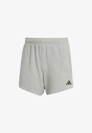 Gray athletic shorts with an elastic waistband. Features a black Adidas logo on the lower left side. Made from a soft, lightweight fabric.