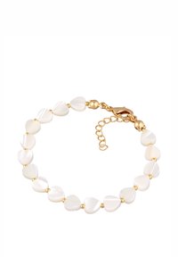 Aukso tonų apyrankė su širdelės formos baltais karoliukais ir apvaliais auksiniais akcentais. Yra su sparno tipo užsegimu ir paprasta prailginimo grandinėle.