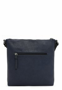 Borsa a tracolla in pelle blu navy con superficie texturizzata, chiusura con zip superiore e tasca anteriore con zip. Cinghia regolabile e design minimalista.