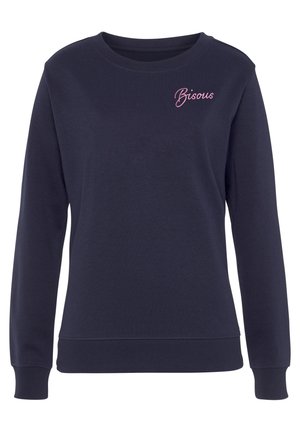 Marineblaues Sweatshirt aus Baumwollmix. Mit geripptem Rundhalsausschnitt, langen Ärmeln und dem in Pink auf der Brust gestickten Schriftzug "Bisous".