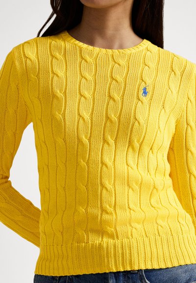 Geltonas megztinis su pintu raštu, apvalia iškirpte, ilgomis rankovėmis ir mažu mėlynu logotipu ant krūtinės.