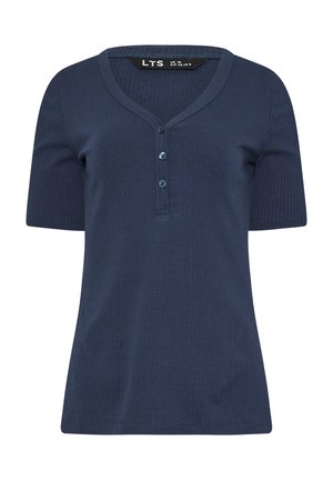 Camisa de manga corta de color azul marino con canalé, cuello en V y tres botones en la tapeta frontal, talla UK 10 EUR 38 US 6.