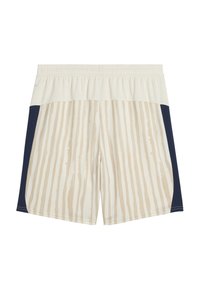 Bañadores de hombre en color crema, con un patrón de rayas verticales beige, paneles laterales en color marino y una cinturilla elástica.