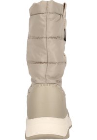 Beige gequiltte enkelschoen met een ronde neus, een gladde textuur, een gepolsterde bovenkant en een lichtgekleurde rubberen zool. Zijrits voor gemakkelijk aan- en uittrekken.