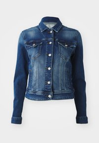 Veste en denim bleu foncé avec une finition délavée. Dispose de deux poches poitrine, de boutons en argent et d'un col classique. Tissu texturé.