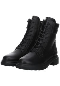 Černé kožené kotníkové boty s kulatou špičkou, šněrováním v přední části a bočním zipem. Texturovaný povrch a robustní gumová podešev pro lepší přilnavost.