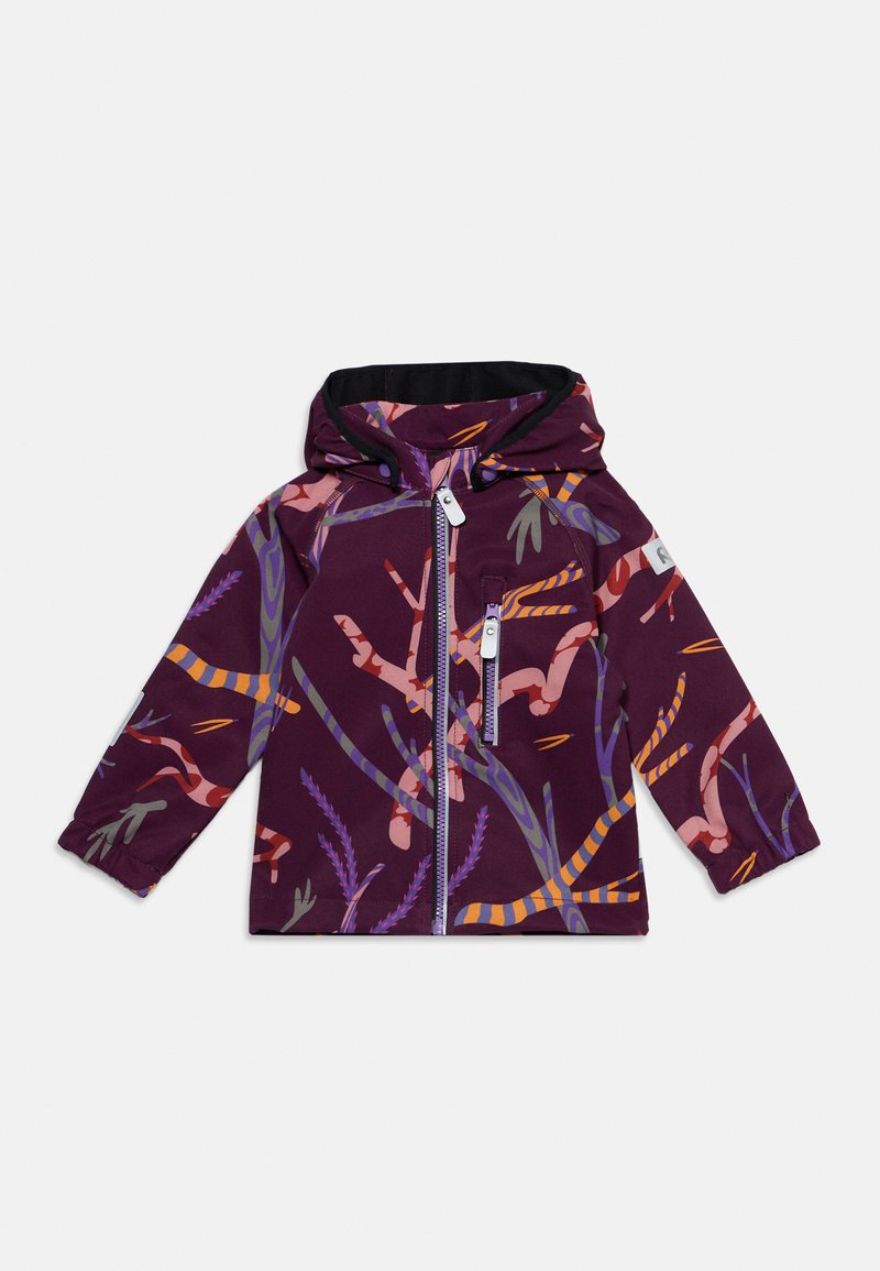 Veste à capuche enfant en violet foncé avec un motif abstrait coloré de branches, fermeture éclair devant, poche poitrine et poignets élastiques.