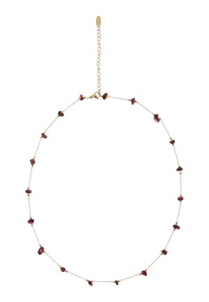 Jemný zlatý řetízek s malými nepravidelnými tmavě červenými kamínky rovnoměrně rozmístěnými po délce a nastavitelným zapínáním.