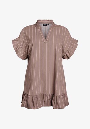 Brown striped blouse with short ruffled sleeves, a V-neckline, and a flared ruffle hem. Vertical stripes in light pink and textured fabric.