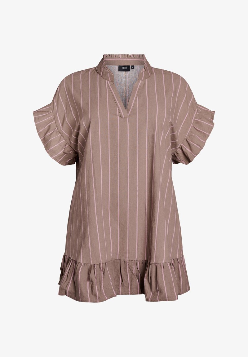 Brunstribet bluse med korte flæseærmer, V-hals og flæset nederste kant. Lodrette striber i lys pink og tekstureret stof.