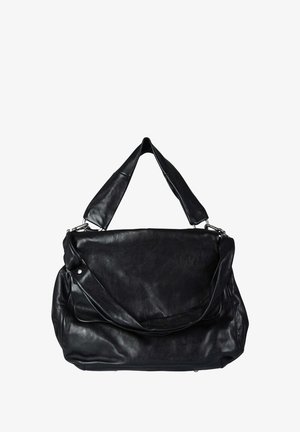 Borsa in pelle nera dal design morbido e rilassato. Presenta due tracolle, una lunga e una corta, e dettagli in metallo argentato.