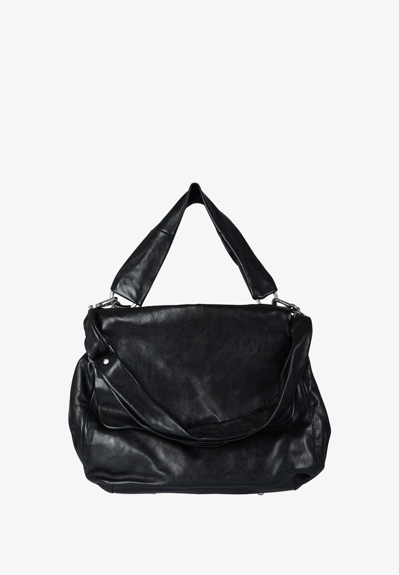 Borsa in pelle nera dal design morbido e rilassato. Presenta due tracolle, una lunga e una corta, e dettagli in metallo argentato.