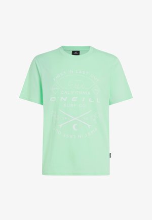 Mintgrøn T-shirt lavet af bomuld, med et grafisk print med palmetræer og krydsede pile. Kortærmet og med rund hals.