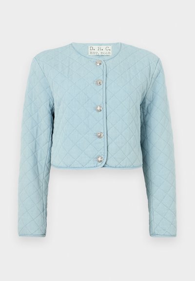 Light blue quilted cropped jacket with long sleeves, featuring round neckline and five shiny button fastenings at the front.