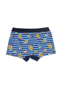 Boxer briefs per ragazzi in cotone blu, con righe orizzontali e varie grafiche di personaggi in colori vivaci, con una cintura elastica scura.