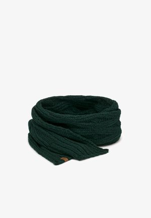 Dunkelgrüner, gestrickter Schal mit einer strukturierten, geflochtenen Musterung und einem Label-Detail. Weiche, dicke Wolle sorgt für ein gemütliches Aussehen.