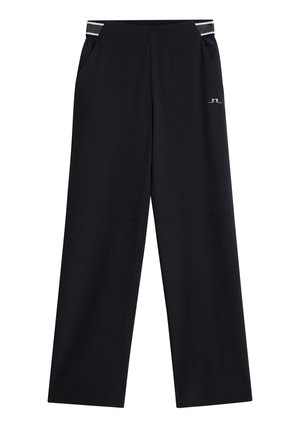Schwarze weit geschnittene Hose aus weichem Stoff mit Seitentaschen und einem strukturierten Taillenbund mit weißen Akzenten. Minimalistisches Design mit Logo-Detail.