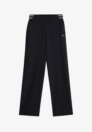 Zwarte wijde broek van zacht materiaal met zijzakken en een gestructureerde tailleband met witte accenten. Minimalistisch ontwerp met logo-detail.