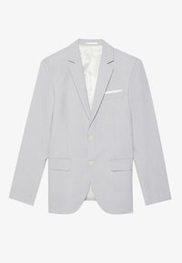 Hellgrauer Blazer mit taillierter Passform. Verfügt über zwei Vordertaschen, einen Ein-Knopf-Verschluss und ein seidenartiges Innenfutter.