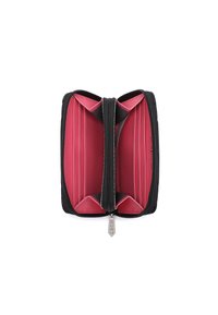 Black zippered wallet with a pink interior, featuring multiple card slots and a smooth texture. Sturdy design with contrasting stitching.