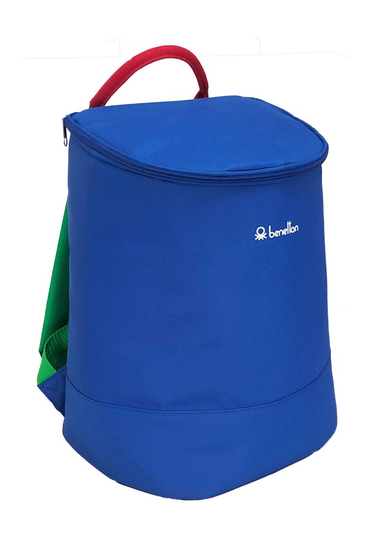 Zaino isolato blu con parte superiore con cerniera, manico rosso e tasca laterale verde. Realizzato in un tessuto resistente con una texture liscia.