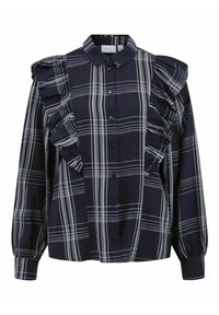 Navy blue plaid shirt with white lines, featuring ruffled accents on shoulders, button-down front, and long puffed sleeves.