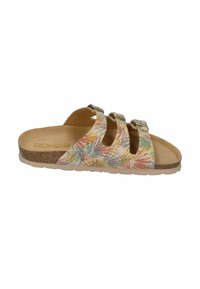Slide sandal with three adjustable straps, multicolored leaf pattern, cork midsole, and tan footbed. Textured surface with metallic accents.