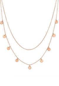 Rose gold layered necklace with small, textured circular pendants. Features fine chains in varying lengths, creating a delicate design.