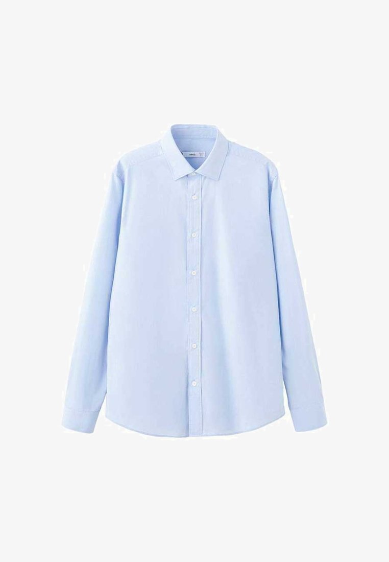 Camicia azzurro chiaro a maniche lunghe con bottoni, colletto appuntito, orlo dritto e chiusura frontale con bottoni, realizzata in un tessuto liscio.