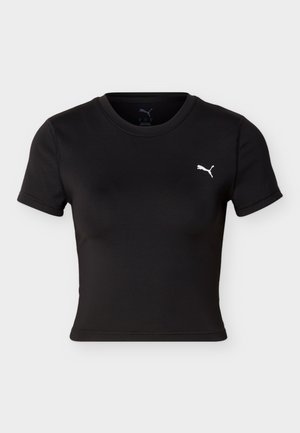 Schwarzes, kurzärmeliges, cropped Sport-T-Shirt mit Rundhalsausschnitt und weißem Puma-Logo auf der linken Brust.